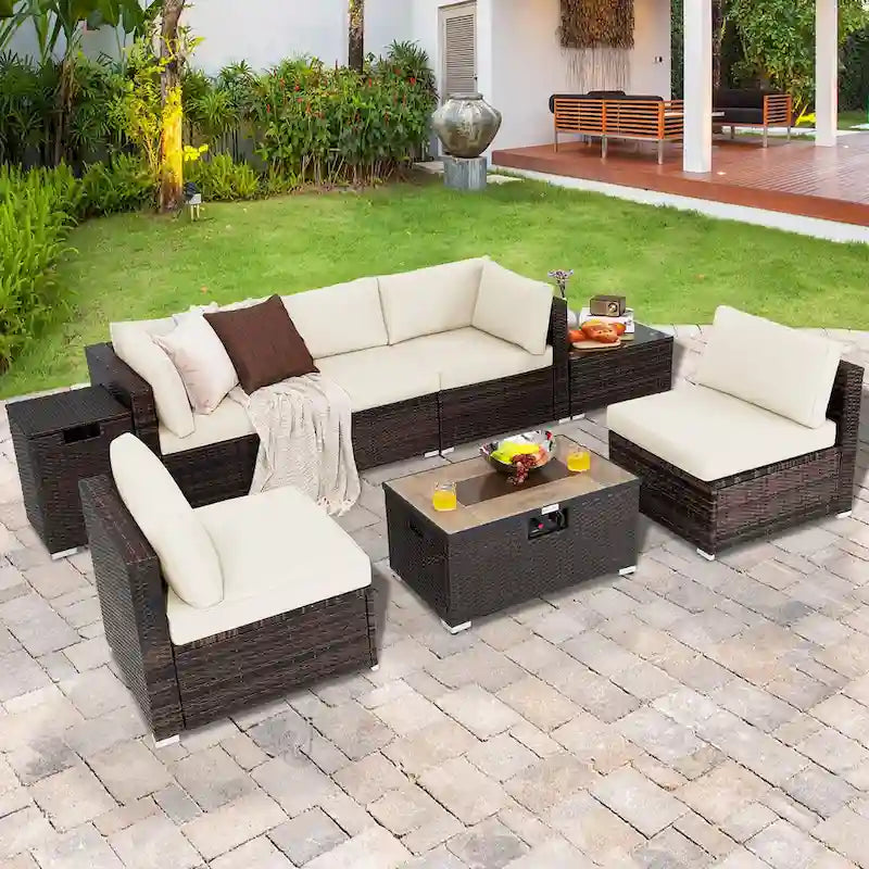 8PCS Patio Rattan Furniture Set Fire Pit Table Tank Holder Cover Deck