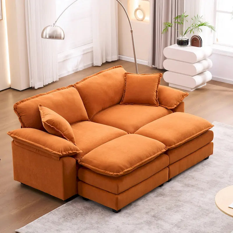 2-seater sofa with 2 cushions, 2 pillows and 2 ottomans, comfortable sofa - Living room deep sofa, modular sofa