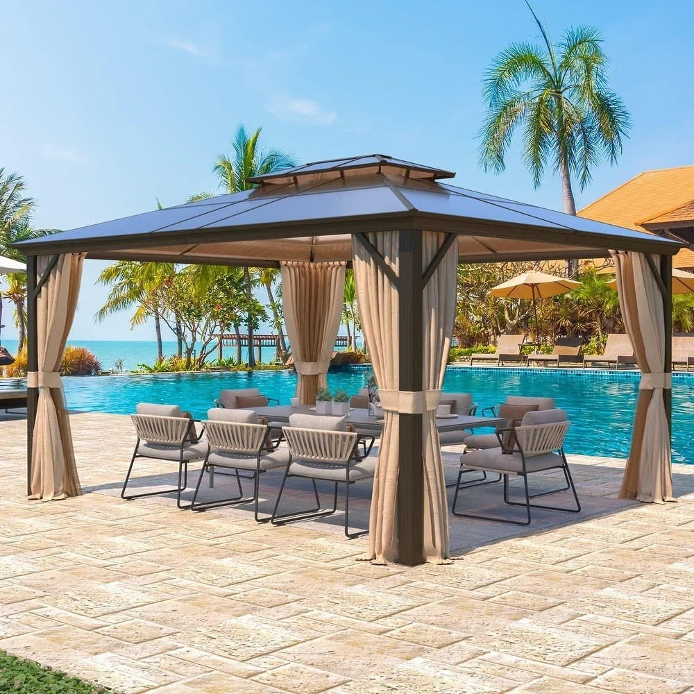 EROMMY Hardtop Gazebo,Outdoor Pergola with Double Roof & Netting & Curtains,Heavy Duty Canopy for Patio, Backyard, Pool party
