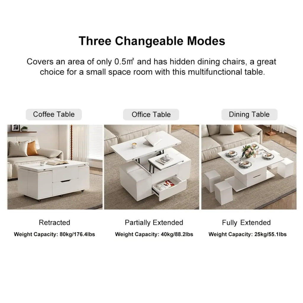Foldable Lift-Top Coffee Table with 4 Stools & Storage