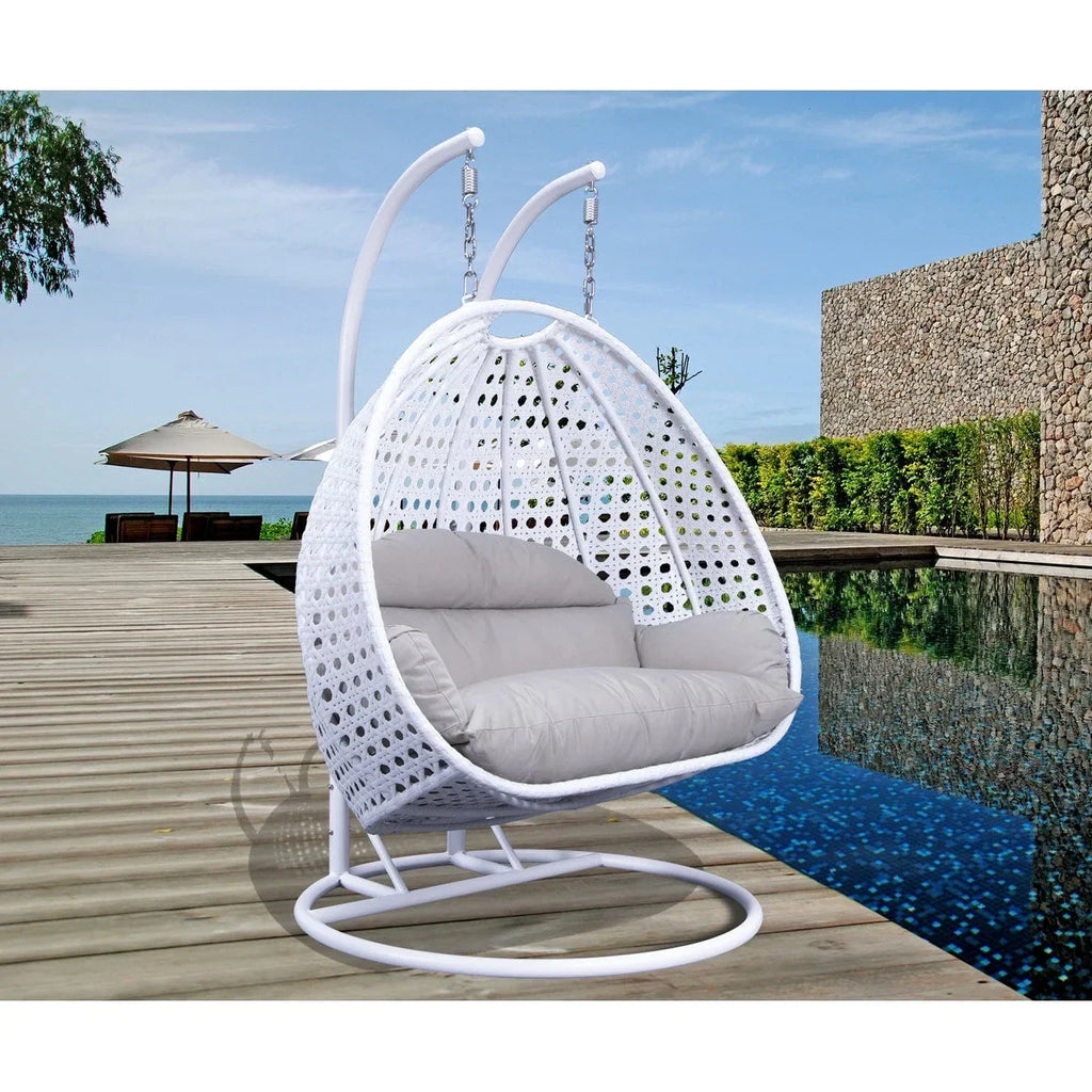 LeisureMod 2 Person Hanging Egg Chair with Stand - Outdoor/Indoor Rattan Wicker Patio Swing Hammock Lounger with Cushions