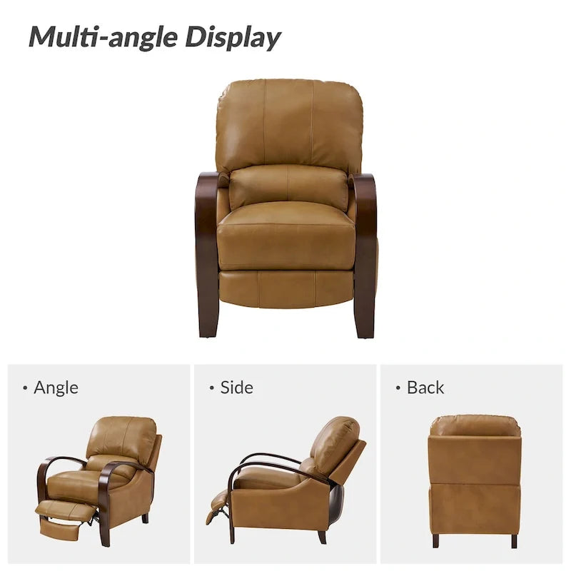 Alex Mid-century Modern Cigar Genuine Leather Manual Recliner with Wooden Curved Arms