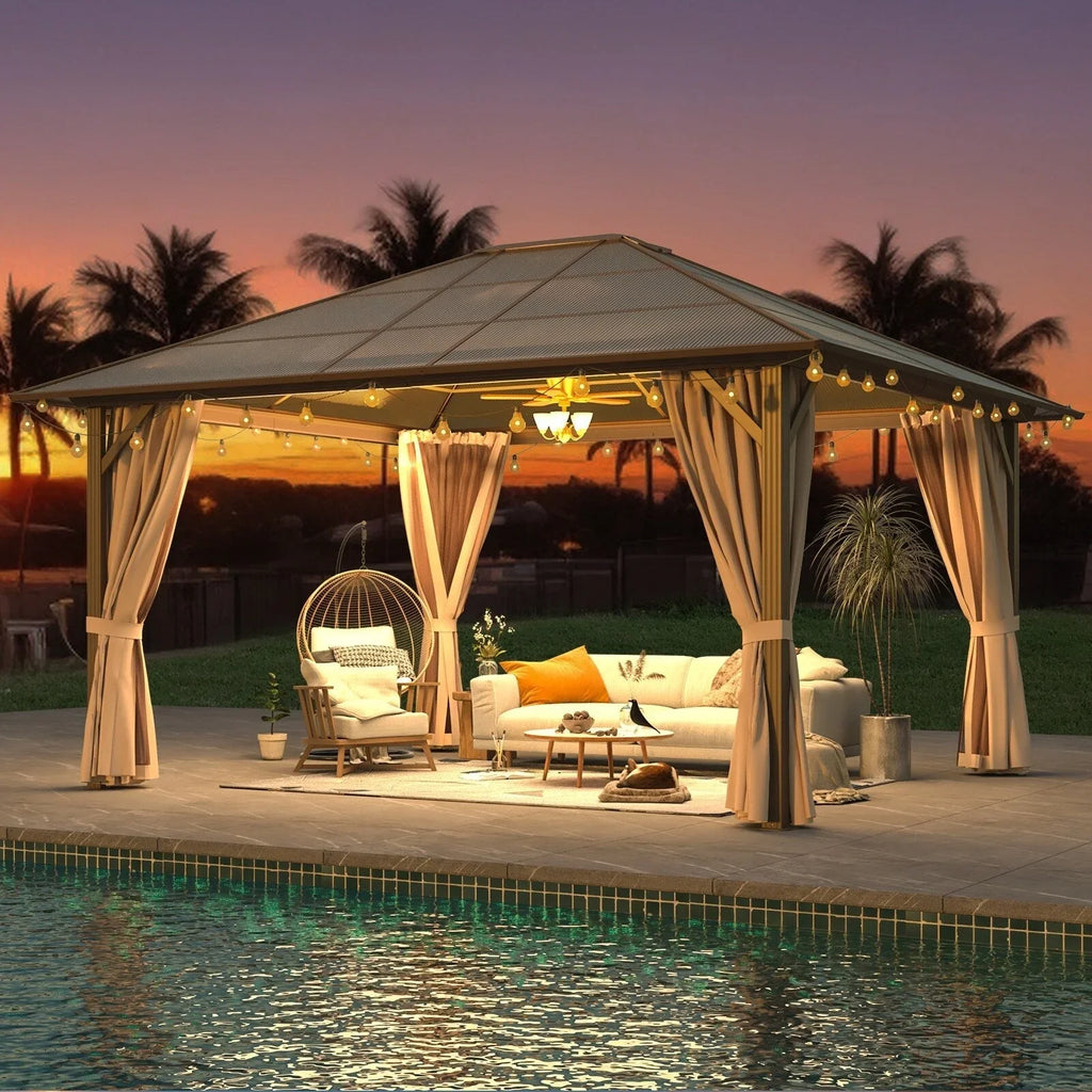 EROMMY Hardtop Gazebo,Outdoor Pergola with Double Roof & Netting & Curtains,Heavy Duty Canopy for Patio, Backyard, Pool party