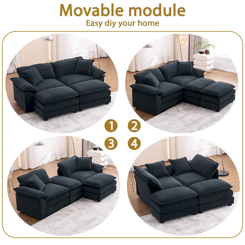 2-seater sofa with 2 cushions, 2 pillows and 2 ottomans, comfortable sofa - Living room deep sofa, modular sofa
