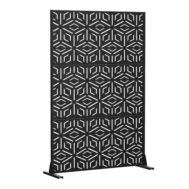 3-Panel Room Divider Screen with Geometric Pattern ¨C Black Galvanized Steel