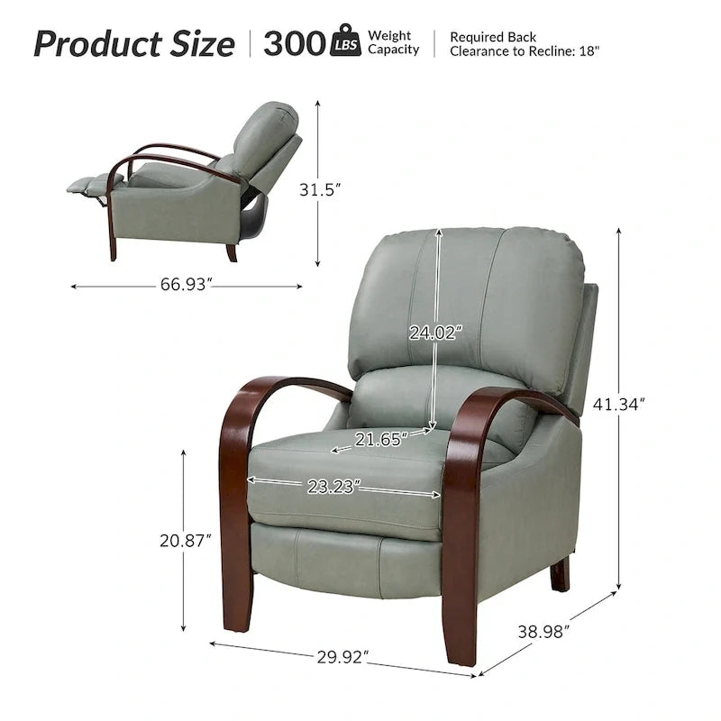 Alex Mid-century Modern Cigar Genuine Leather Manual Recliner with Wooden Curved Arms