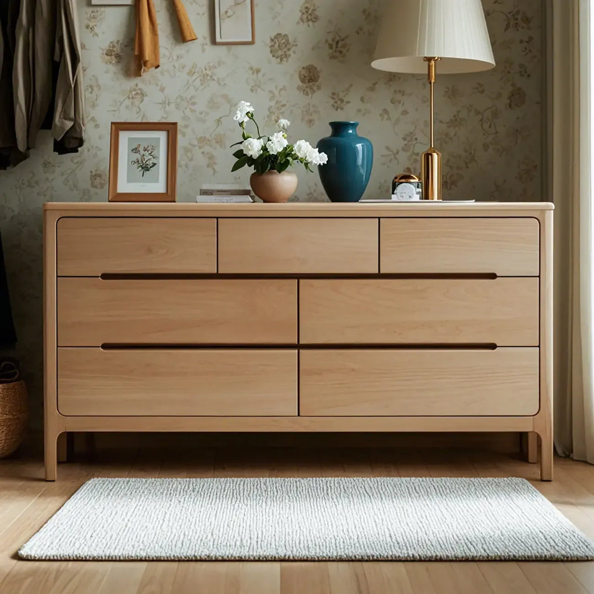 Traditional Natural Oak Wood Double Dresser for Bedroom