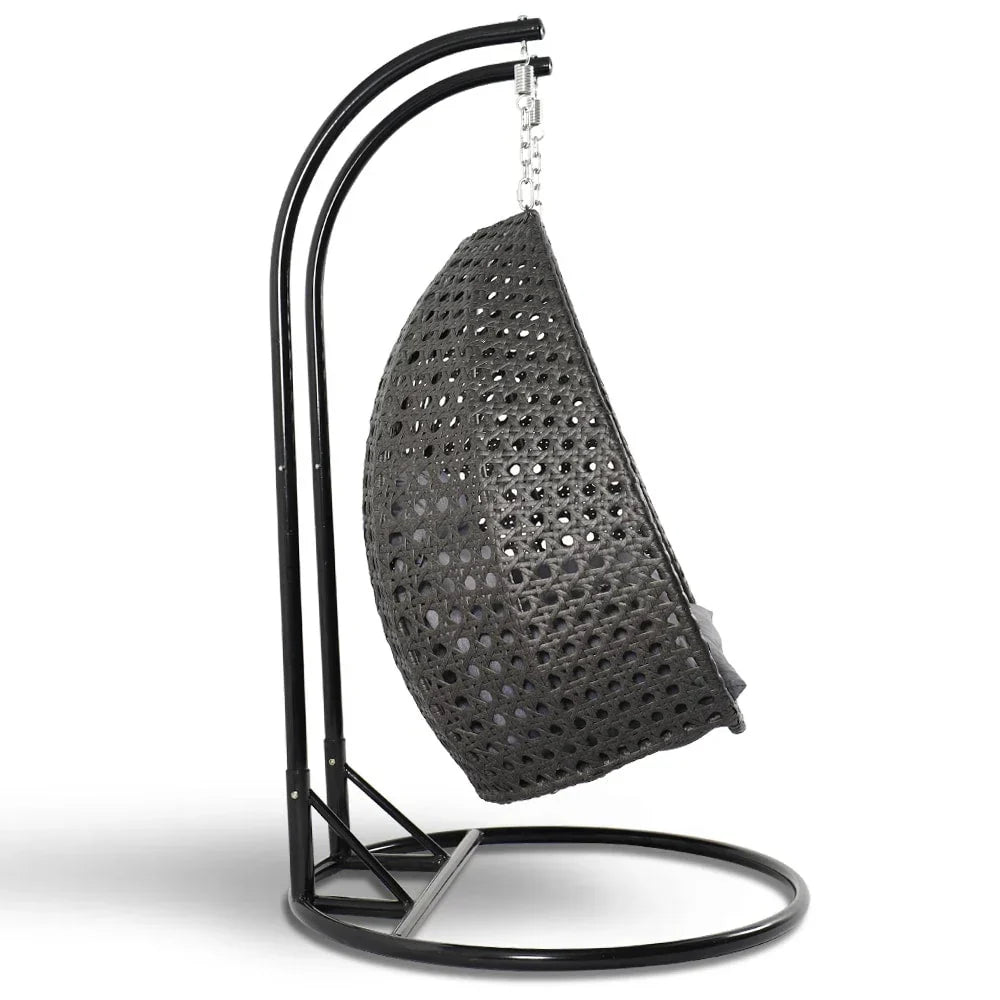 LeisureMod 2 Person Hanging Egg Chair with Stand - Outdoor/Indoor Rattan Wicker Patio Swing Hammock Lounger with Cushions