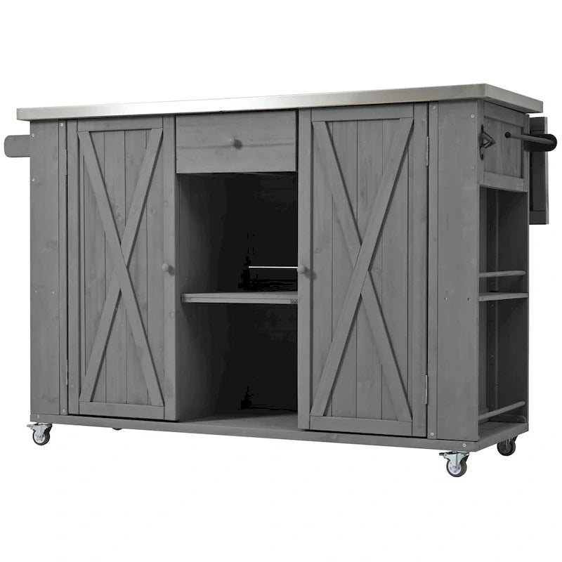 Outdoor Kitchen Island, Rustic Fir Wood with Stainless Steel Top and Smart Storage