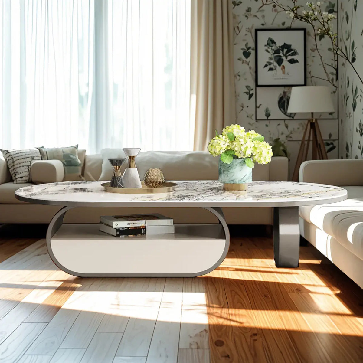 Contemporary Unique Marble Top Oval Coffee Table with Drawer