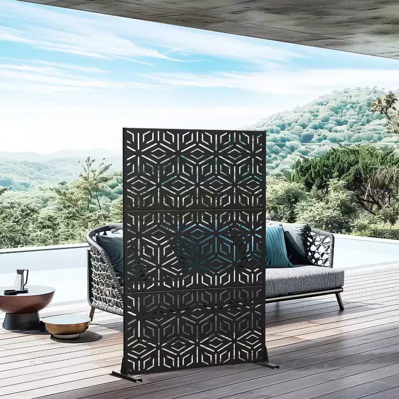 3-Panel Room Divider Screen with Geometric Pattern ¨C Black Galvanized Steel