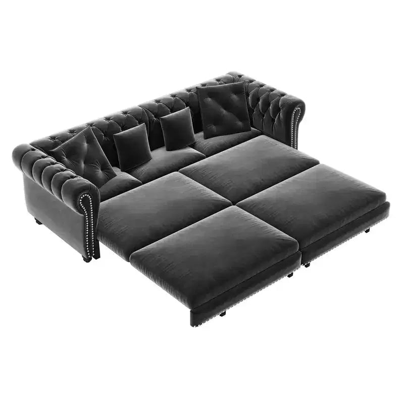 Whisen Velvet 3-in-1 King Size Pull-Out Sofa Bed & Convertible Sleeper Sofa with Movable Ottoman, Tufted Design