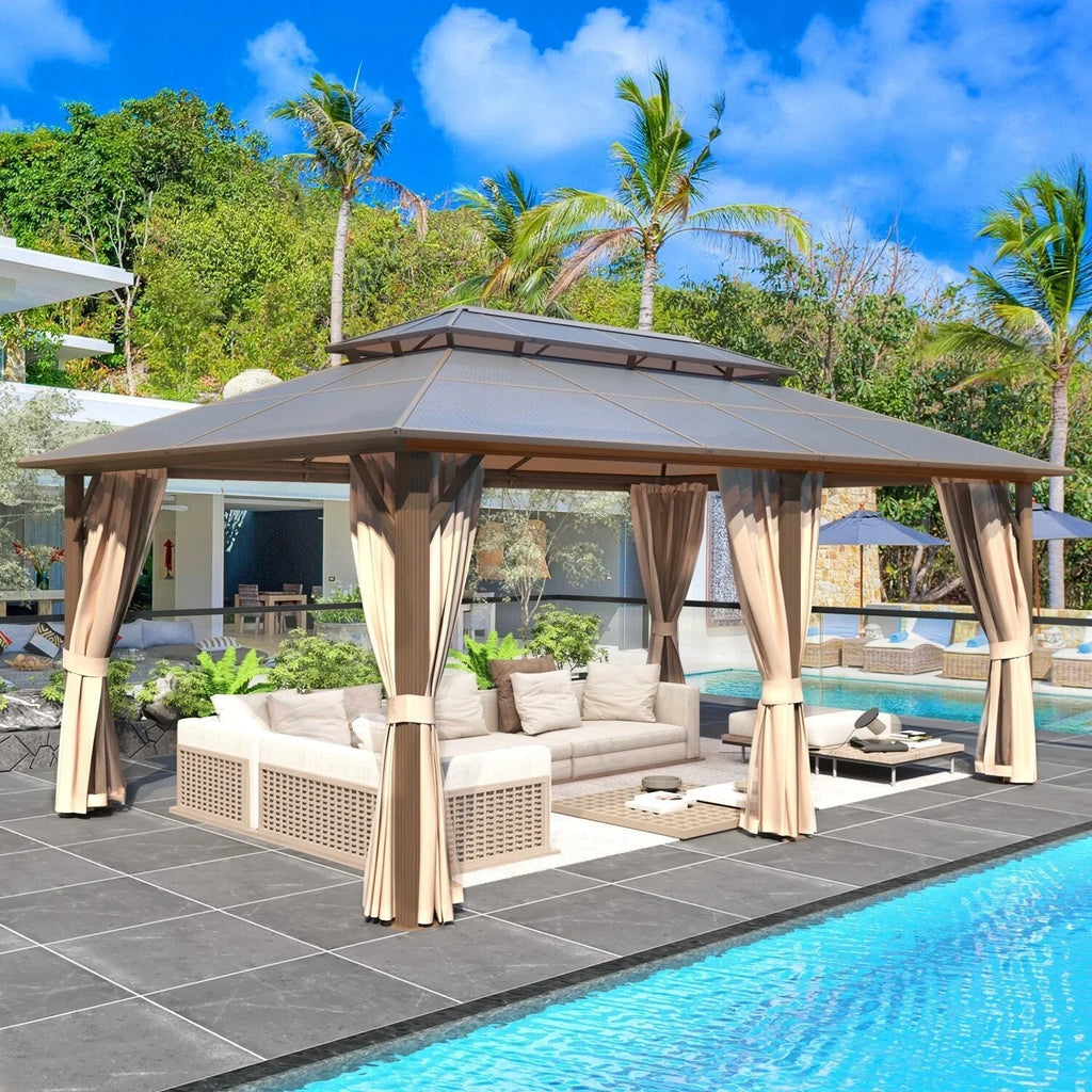EROMMY Hardtop Gazebo,Outdoor Pergola with Double Roof & Netting & Curtains,Heavy Duty Canopy for Patio, Backyard, Pool party