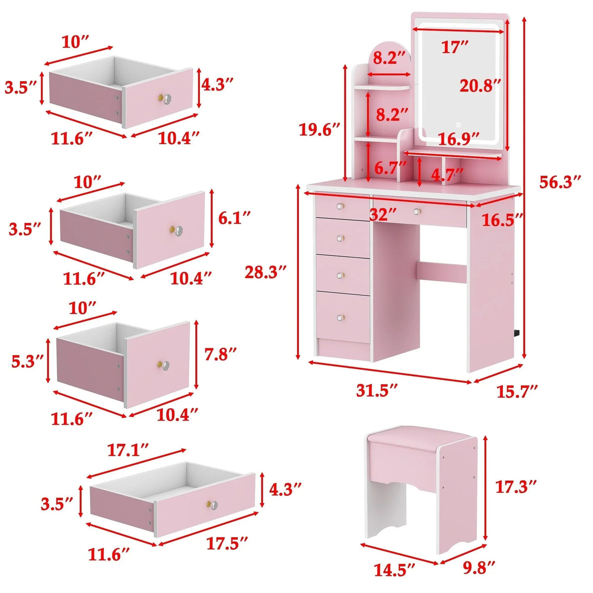 Makeup Vanity Set Table With LED Light &Mirror & Stool