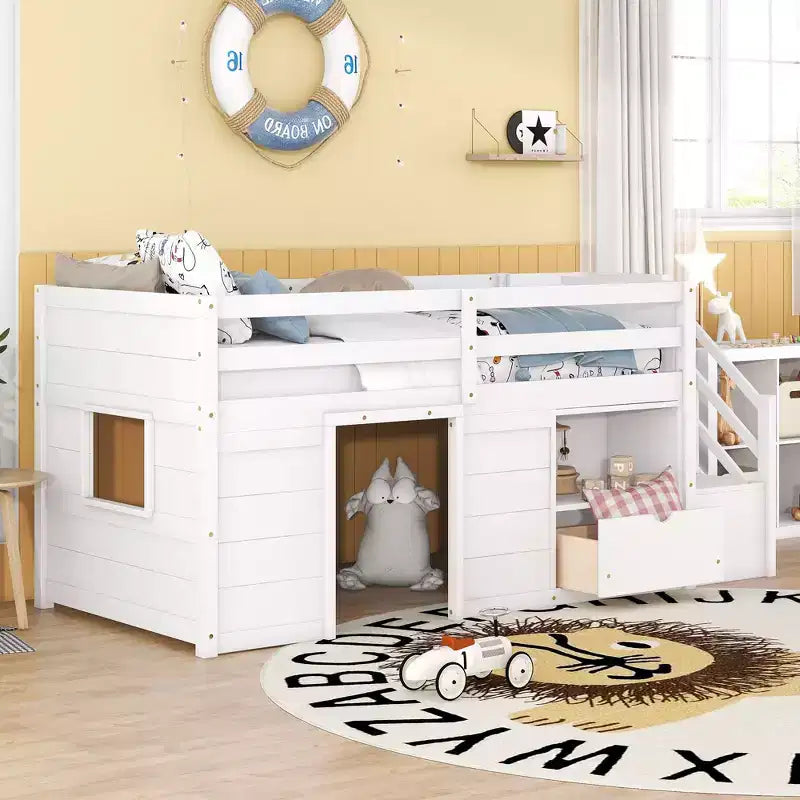 Okak Solid Wood Twin Loft Bed with Stairs & Storage,Low Profile Bunk Beds Twin with Drawers & Shelves,Multi-Functional Loft Beds for Kids,Teens