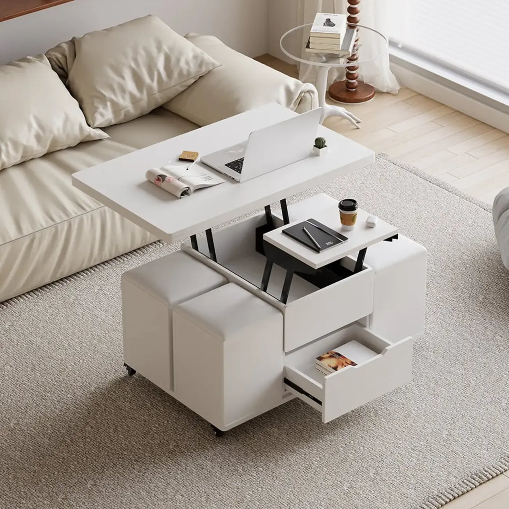 Foldable Lift-Top Coffee Table with 4 Stools & Storage