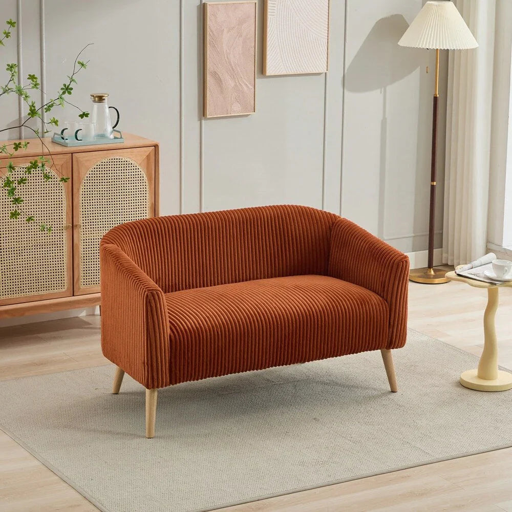 Corduroy Fabric Upholstered 2-Seat Sofa with Wooden Walnut Legs