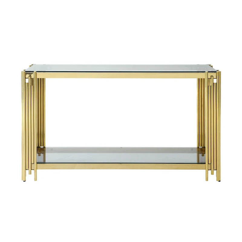 Narrow 2-tier Console Table with Gold Finished Metal Frame and Tempered Glass Top