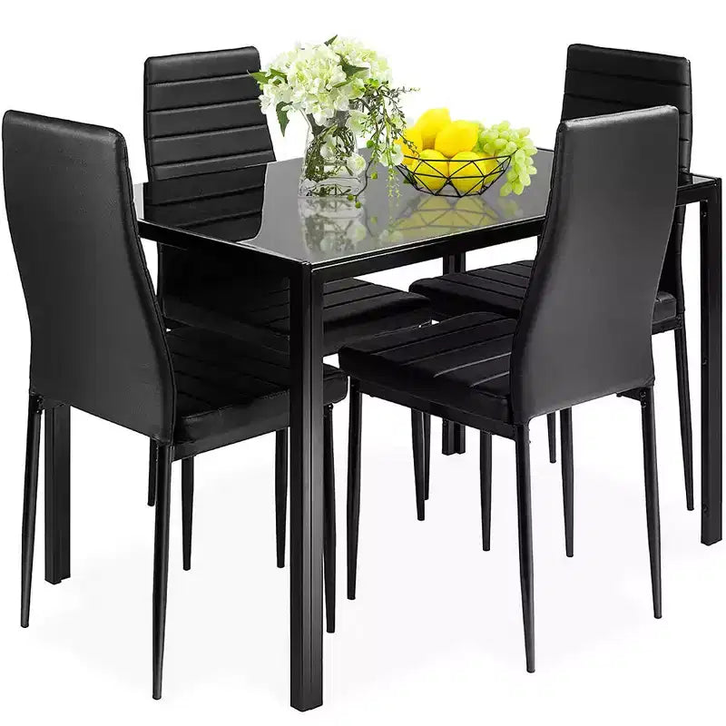 Costway 5 Piece Kitchen Dining Set Glass Metal Table 30 and 4 Chairs Breakfast Furniture Black