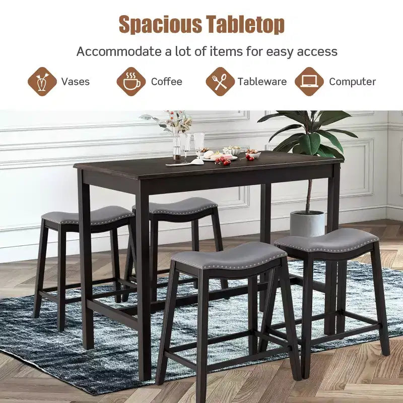 Costway 5PCS Bar Table Set Counter Height Table & Upholstered Saddle Stools Set for 4