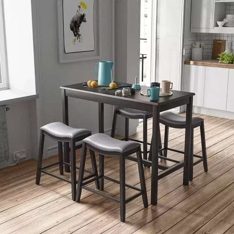 Costway 5PCS Bar Table Set Counter Height Table & Upholstered Saddle Stools Set for 4