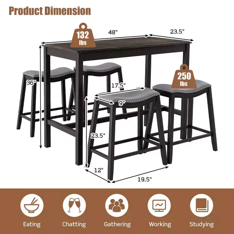 Costway 5PCS Bar Table Set Counter Height Table & Upholstered Saddle Stools Set for 4