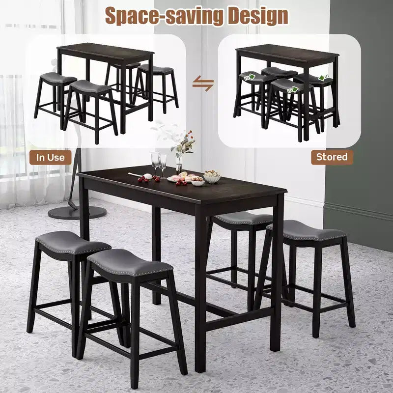 Costway 5PCS Bar Table Set Counter Height Table & Upholstered Saddle Stools Set for 4