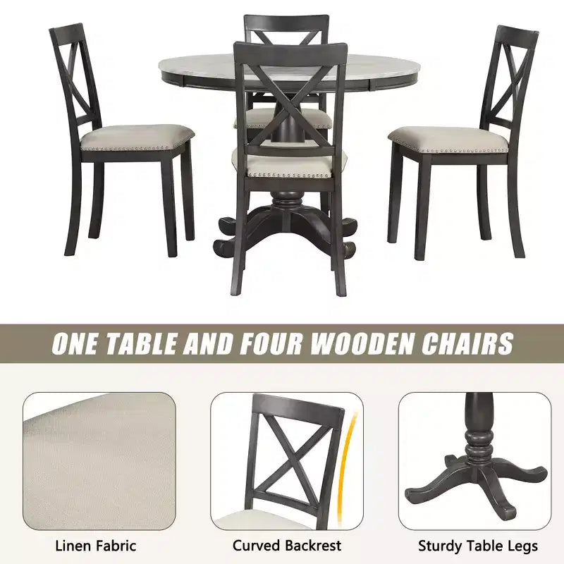 5-Piece Dining Set with Solid Wood Table and 4 Chairs, Gray - ModernLuxe