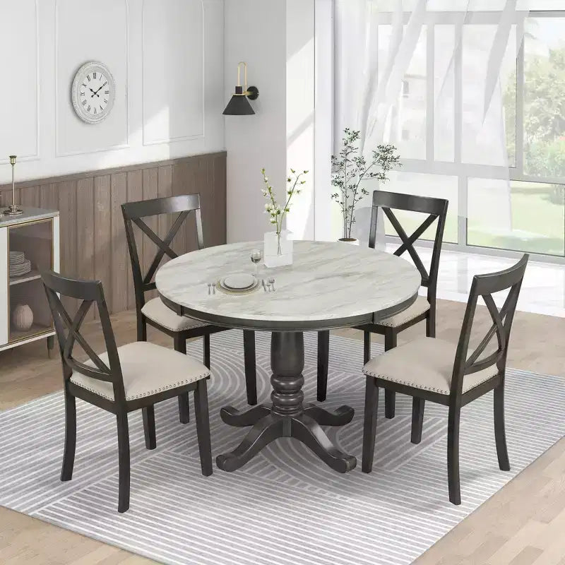 5-Piece Dining Set with Solid Wood Table and 4 Chairs, Gray - ModernLuxe