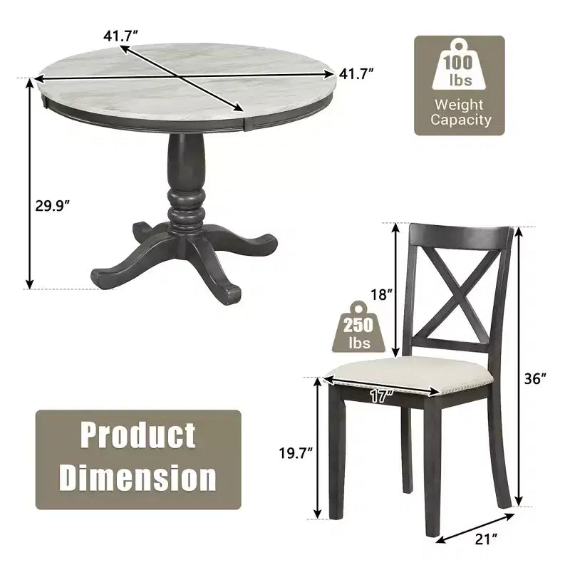 5-Piece Dining Set with Solid Wood Table and 4 Chairs, Gray - ModernLuxe