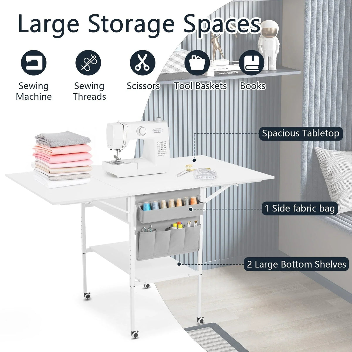 Height Adjustable Craft Table with Storage Shelves, Mobile Folding Cutting Table for Home Office Sewing Room Craft Room