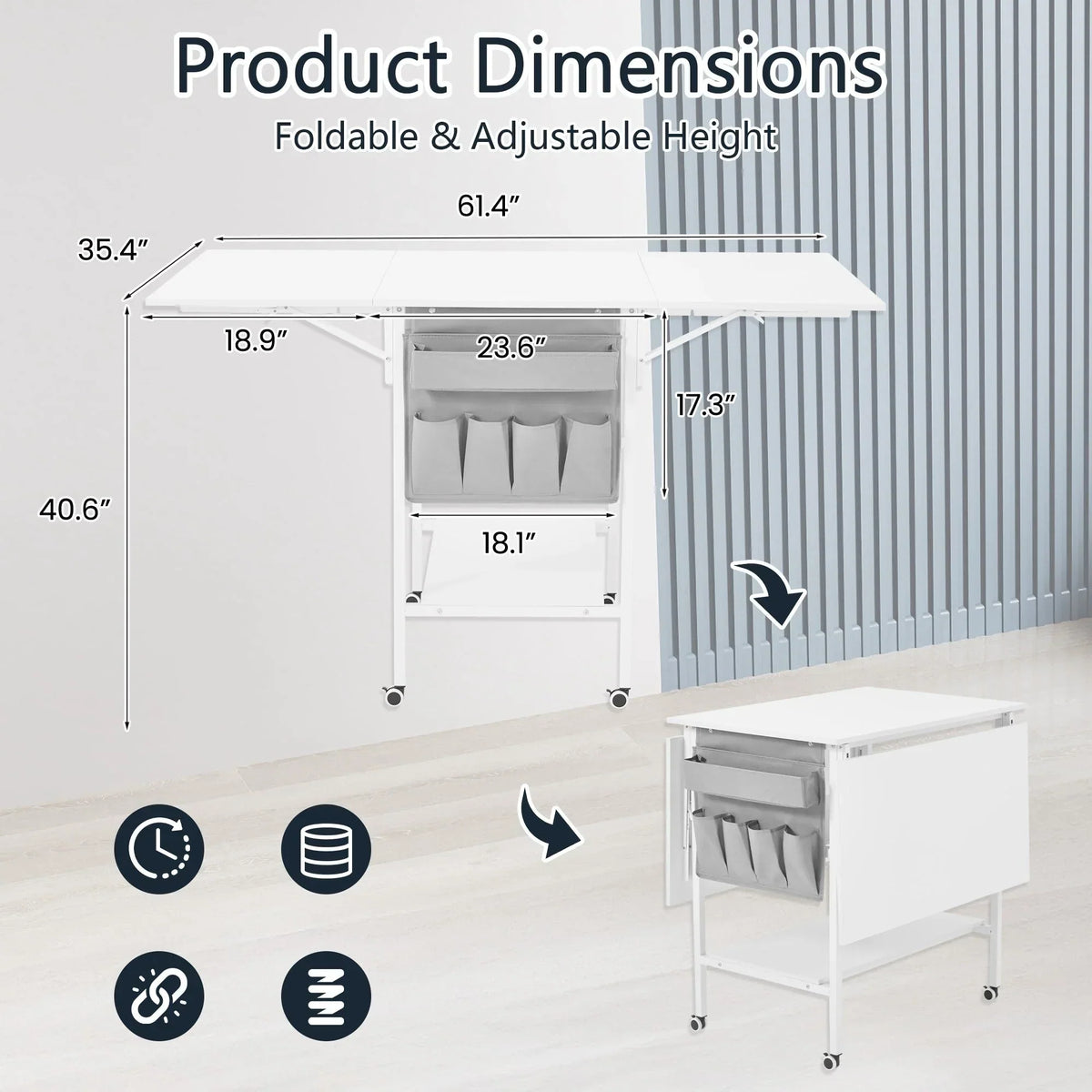 Height Adjustable Craft Table with Storage Shelves, Mobile Folding Cutting Table for Home Office Sewing Room Craft Room