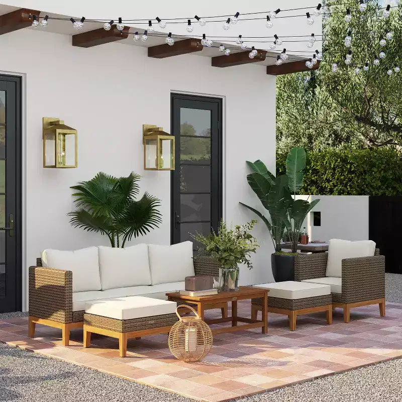 Outsunny Cushioned Patio Furniture Set, 5 PCs Wooden Frame PE Rattan Conversation Set, Cream White