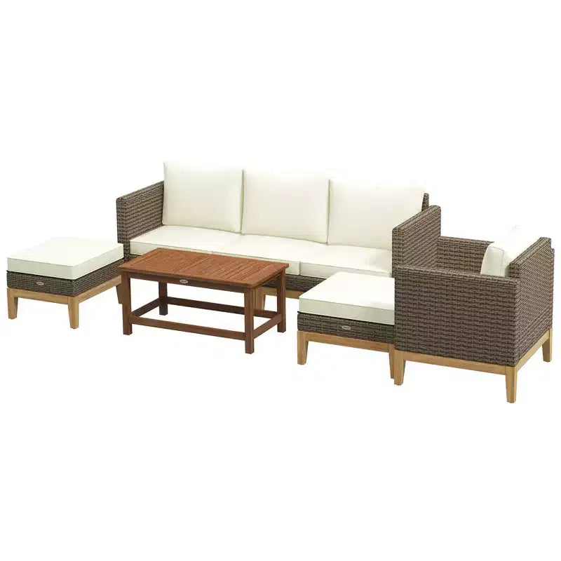 Outsunny Cushioned Patio Furniture Set, 5 PCs Wooden Frame PE Rattan Conversation Set, Cream White