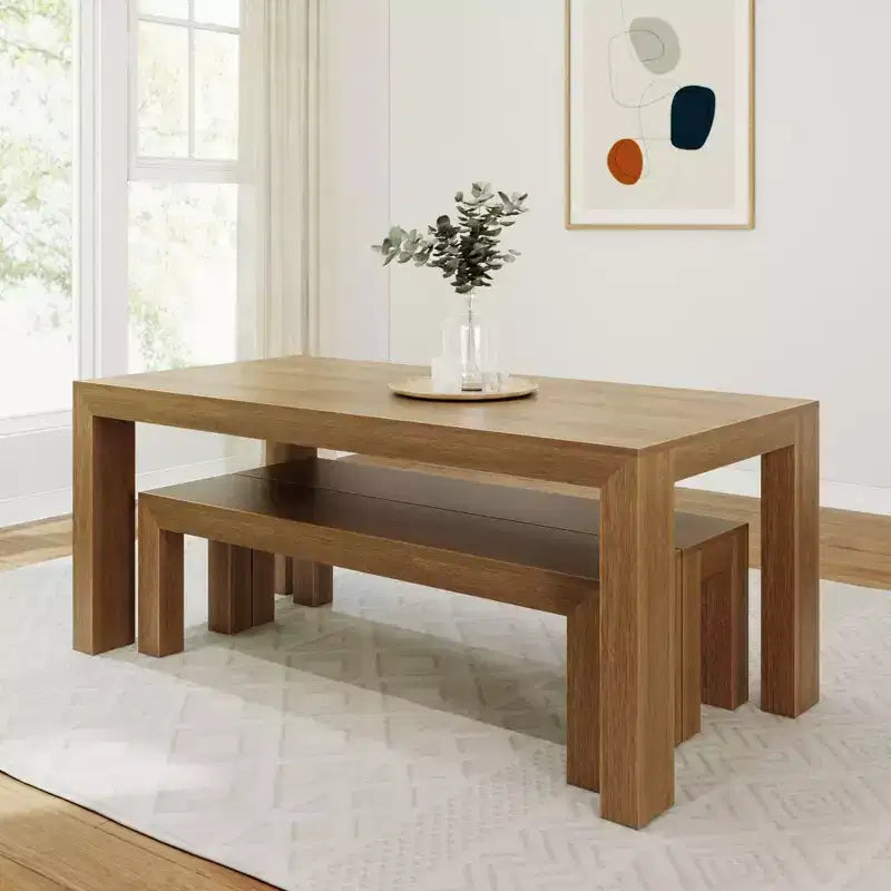 Plank+Beam Solid Wood Modern Dining Table Set with 2 Benches for 6