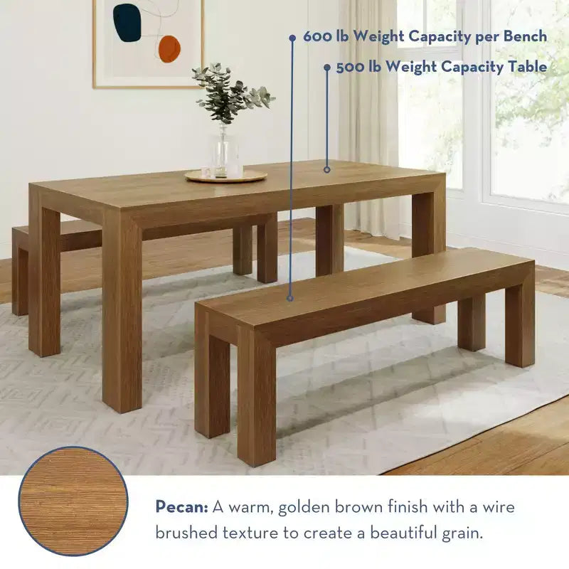 Plank+Beam Solid Wood Modern Dining Table Set with 2 Benches for 6