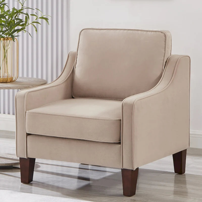 Fauteuil d'appoint moderne en velours avec pieds en bois massif