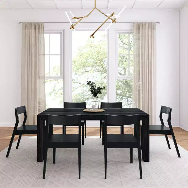Plank+Beam 72 Modern Solid Wood Dining Table Set, Black Wirebrush, + 6 Chairs
