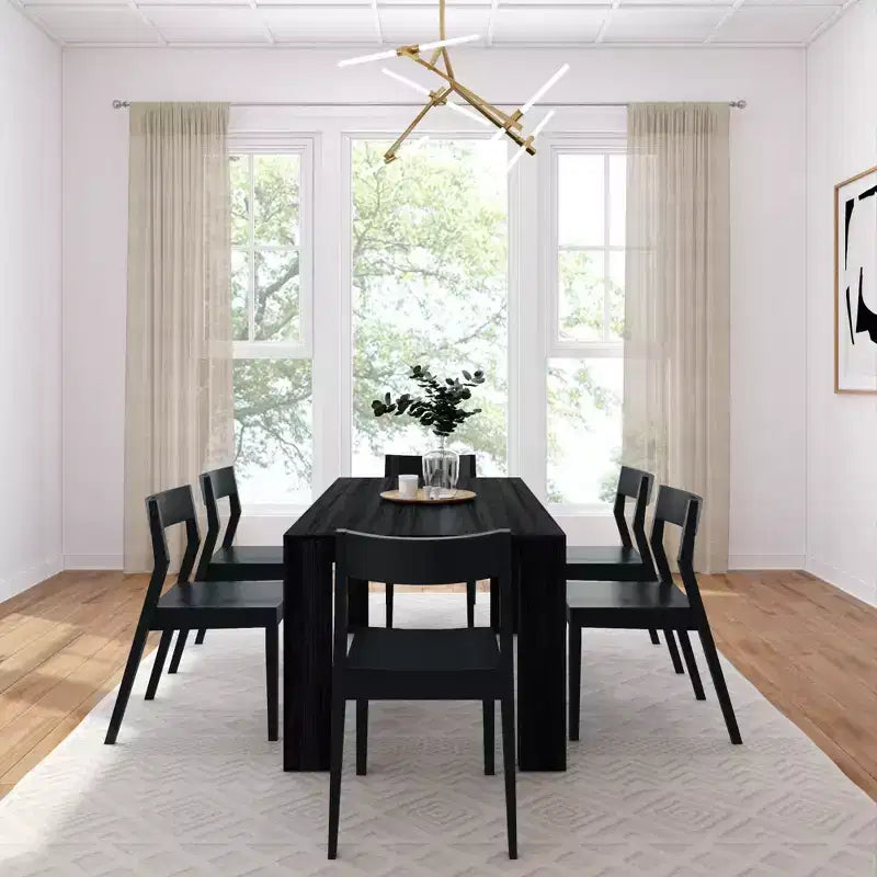 Plank+Beam 72 Modern Solid Wood Dining Table Set, Black Wirebrush, + 6 Chairs