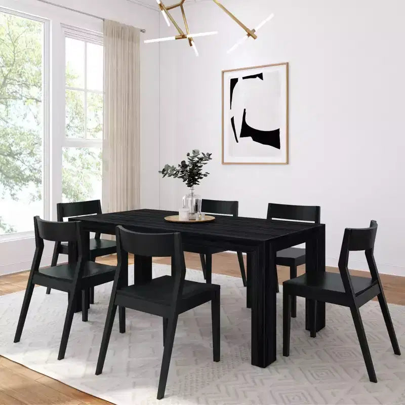 Plank+Beam 72 Modern Solid Wood Dining Table Set, Black Wirebrush, + 6 Chairs