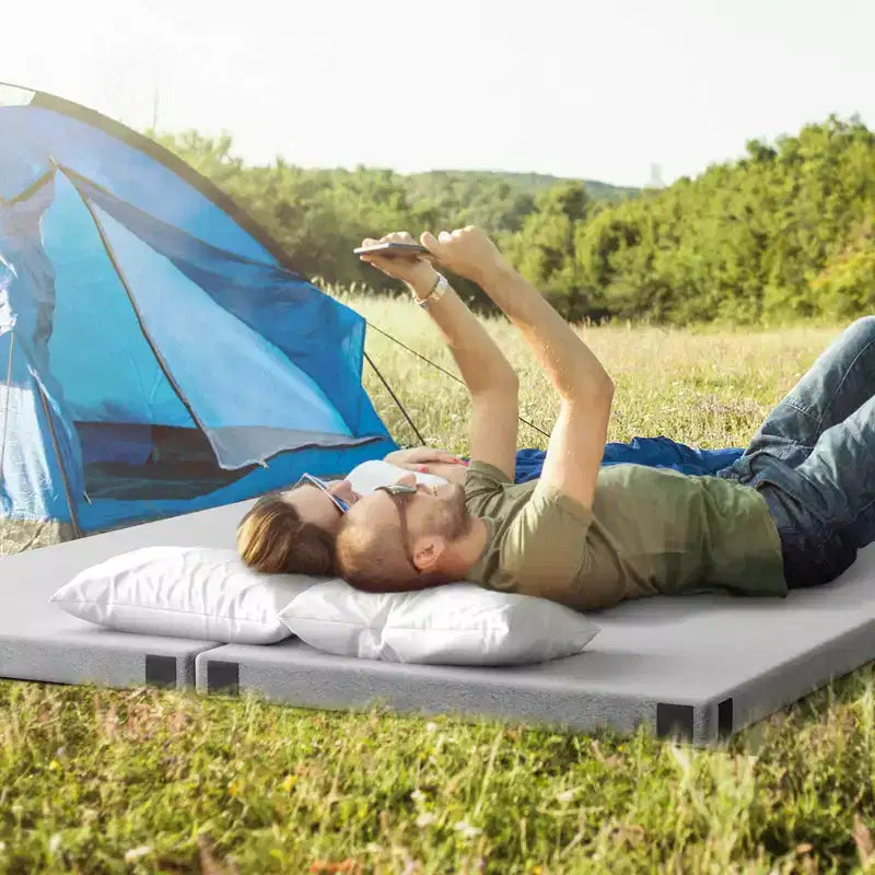 Costway Memory Foam Camping Mattress with Anti-slip Bottom Travel Bag for Outdoor Sleeping Gray/Blue