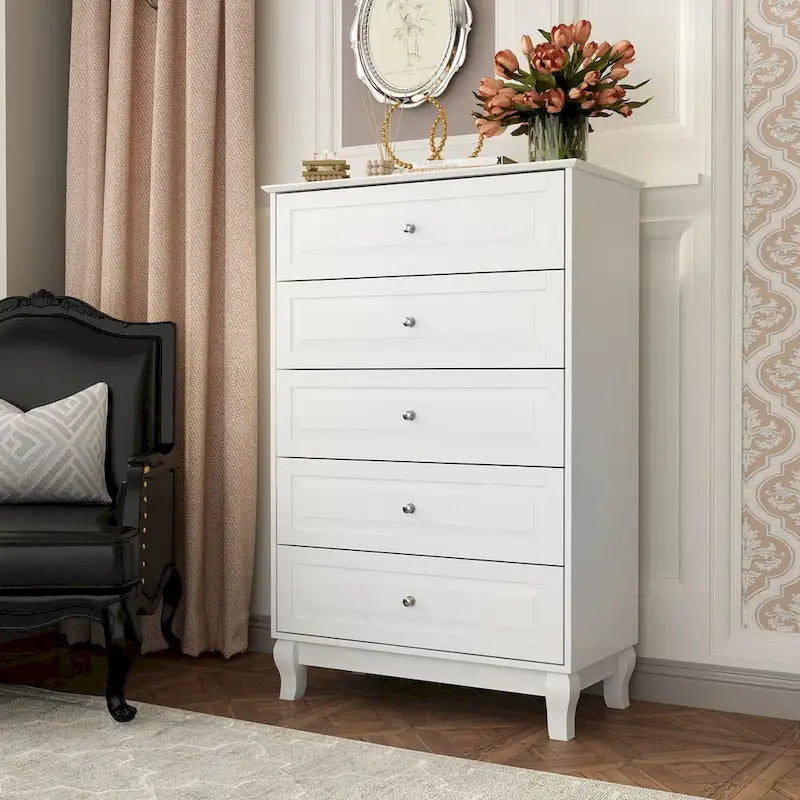 Commode haute à 5 tiroirs avec pieds en bois massif et glissières métalliques