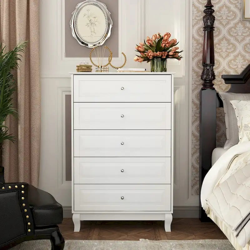 Commode haute à 5 tiroirs avec pieds en bois massif et glissières métalliques