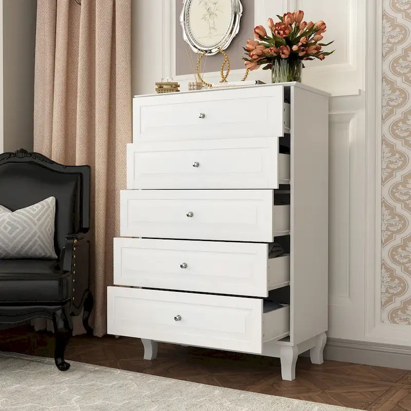 Commode haute à 5 tiroirs avec pieds en bois massif et glissières métalliques