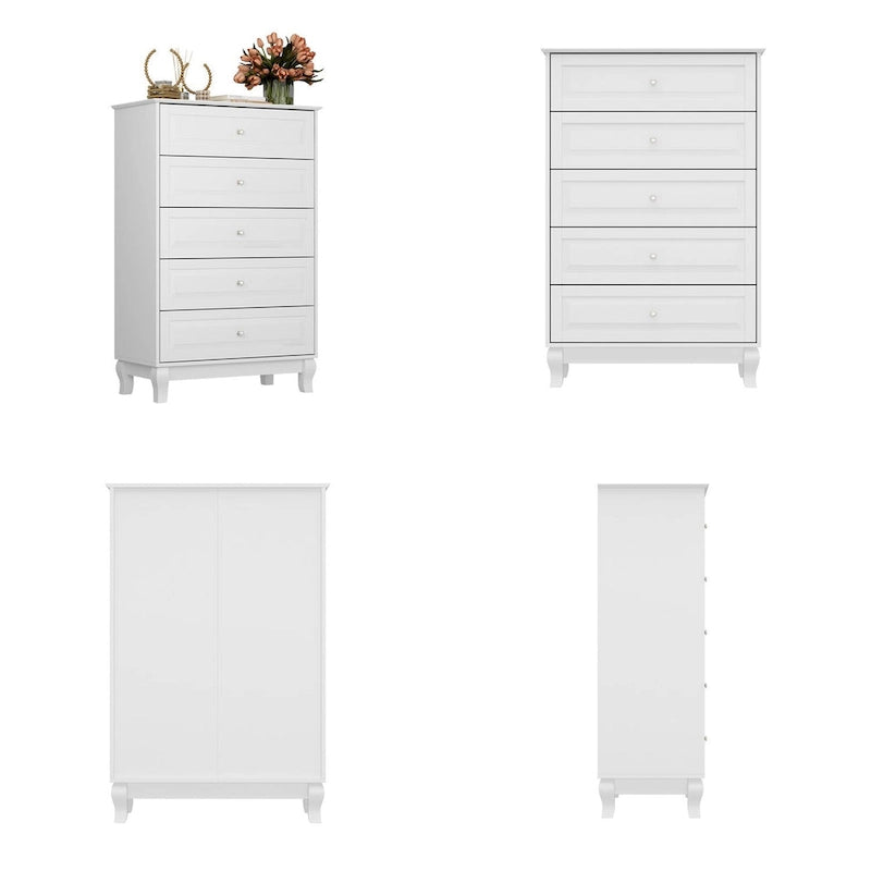 Commode haute à 5 tiroirs avec pieds en bois massif et glissières métalliques