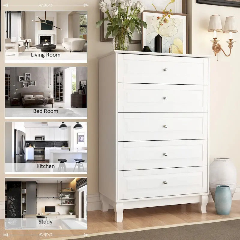 Commode haute à 5 tiroirs avec pieds en bois massif et glissières métalliques
