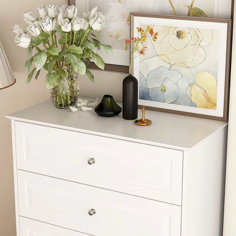 Commode haute à 5 tiroirs avec pieds en bois massif et glissières métalliques