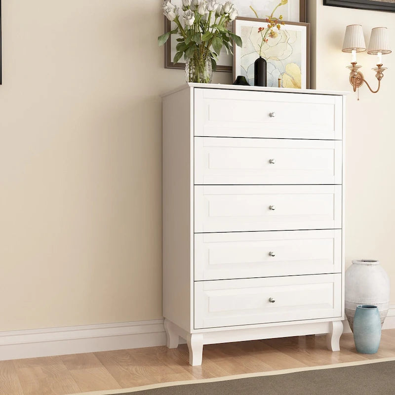 Commode haute à 5 tiroirs avec pieds en bois massif et glissières métalliques