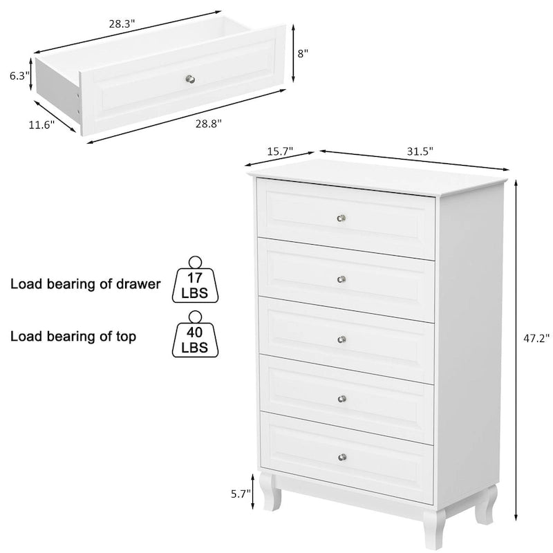 Commode haute à 5 tiroirs avec pieds en bois massif et glissières métalliques