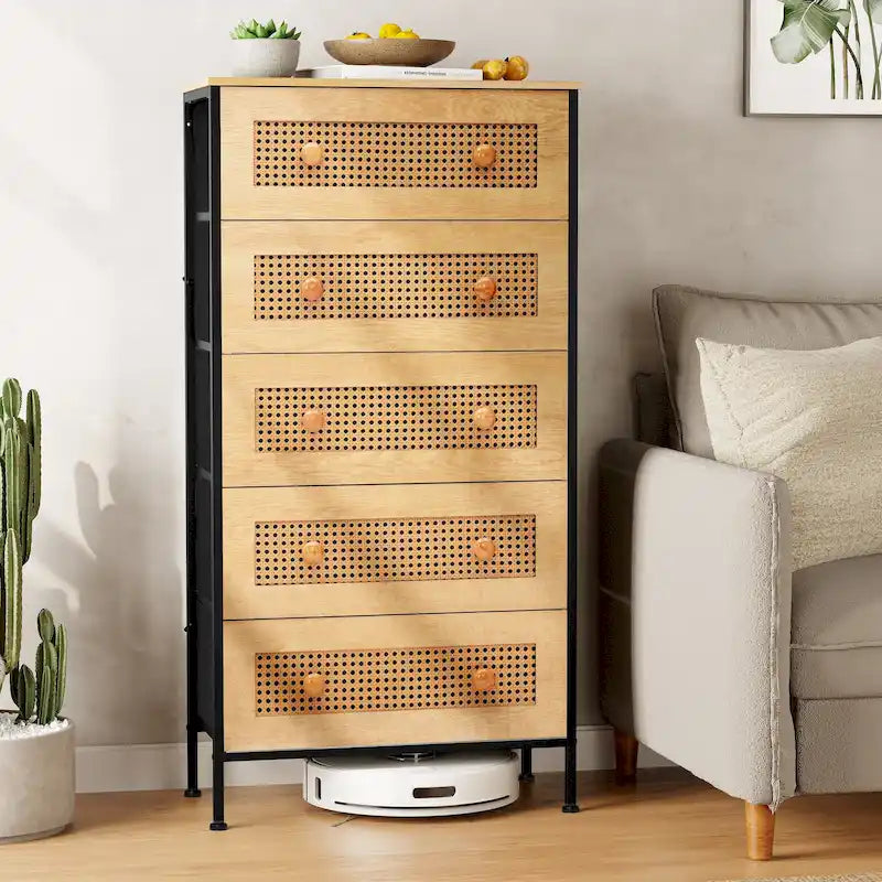 Commode de rangement à 5 tiroirs en similicuir tressé – Tour de chambre à coucher avec cadre en acier